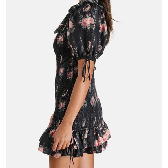 LOVESHACKFANCY Violett Dress Black Coffee M Floral Ruffle Silk Party Mini Date - Picture 3 of 14